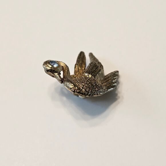 Vintage Bird Pair: Gold Toned Swan with Green Eye and Pheasant in Flight - Picture 10 of 16